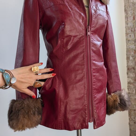 Vintage Red Leather Jacket Penny Lane Fur Trim Coat Grunge Boho Bomber Medium - Picture 9 of 12